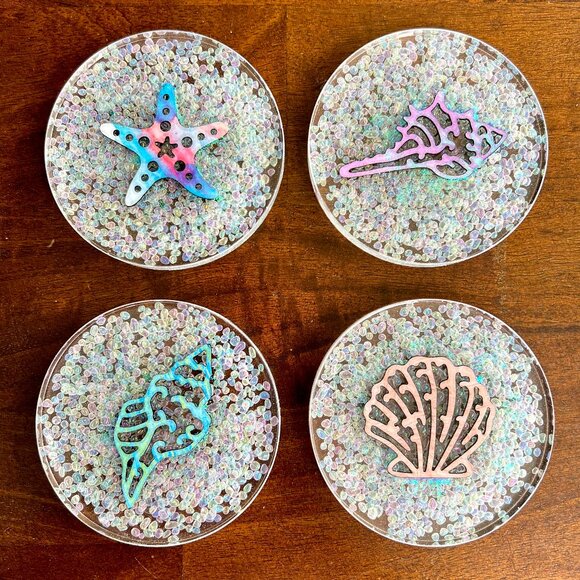 Shells Sea Glass Pebbles Resin Drink Coasters Set of 4 Beach House Table Gifts - Picture 1 of 6